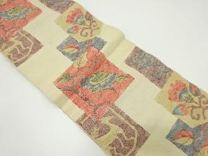 アンティーク　手織り真綿紬色紙に鳥・枝葉模様織り出し名古屋帯